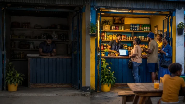 Split scene of the same township spaza shop: dim and quiet before, glowing and busy with customers after getting online