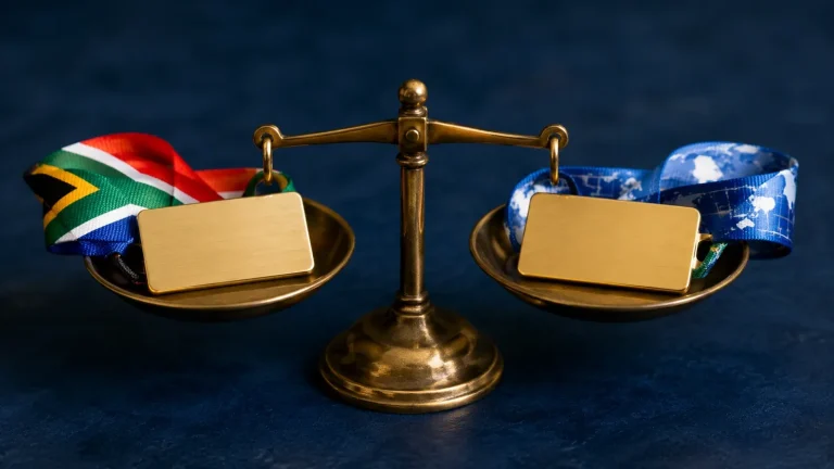 A brass balance scale weighing two golden name tags, one with a South African flag ribbon and one with a globe ribbon
