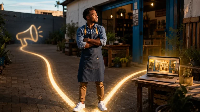 A South African shop owner at a glowing crossroads between a word-of-mouth megaphone path and a laptop showing his storefront online