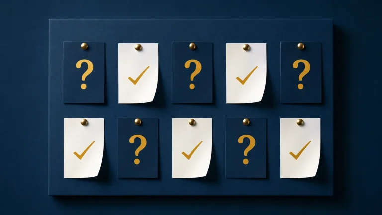 Ten cards pinned to a navy board, half with golden question marks and half flipped to golden tick marks