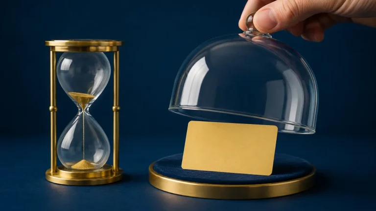 A golden hourglass running out beside a hand lowering a glass dome over a golden name card, protecting a domain before it expires