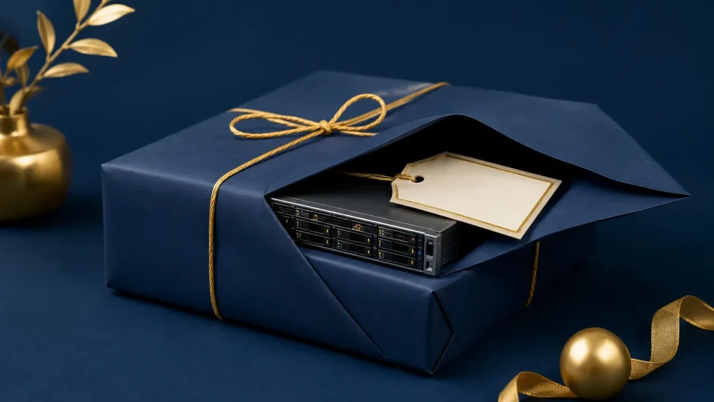 A navy gift-wrapped parcel with golden string revealing a small server and a blank address tag inside, domain and hosting bundled together