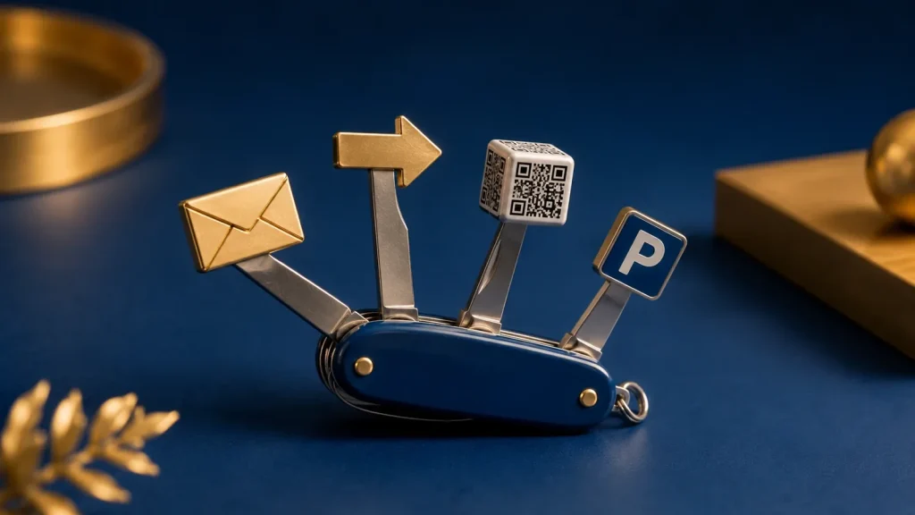 A navy multi-tool opened with miniature tools: a golden envelope, a signpost arrow, a QR-code cube and a parking sign, the many uses of a domain