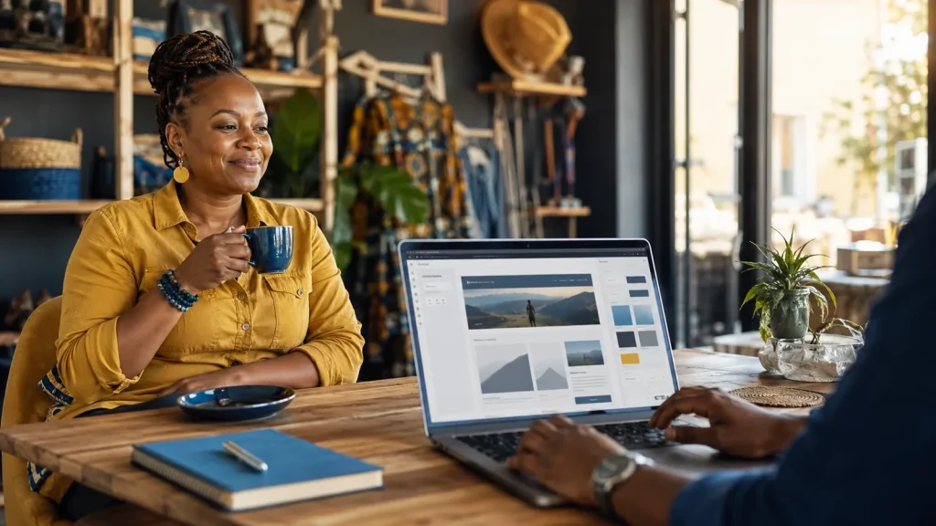 A relaxed shop owner enjoying coffee while, across the table, a technician's hands build her new website on a laptop