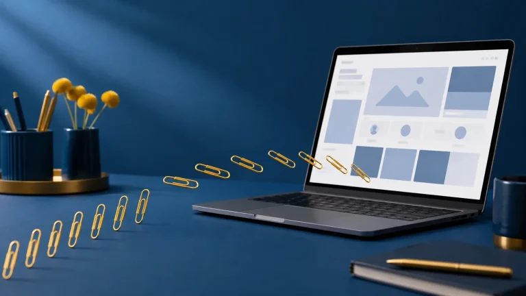 A curved line of golden paper clips being pulled toward a laptop showing a portfolio website, like clients drawn to a magnet