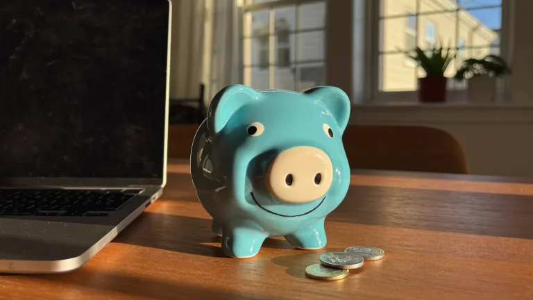 Sky-blue piggy bank beside a laptop - what rand pricing saves you