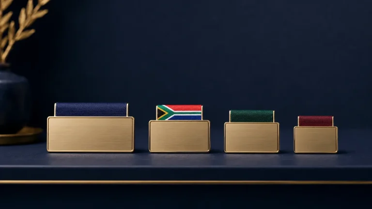 A family of four golden name plates in a row, each with a different ribbon, the South African flag at the centre