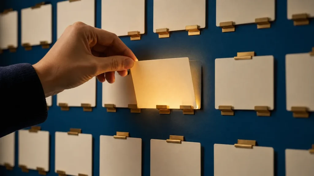 A hand lifting one glowing card from a wall of blank name cards held by golden clips