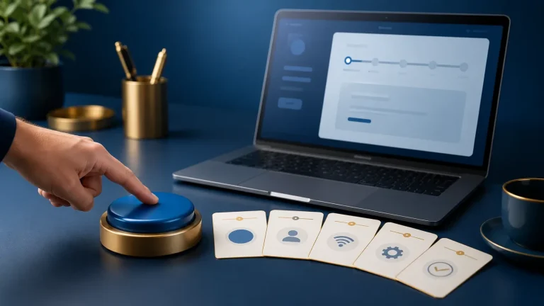 A finger pressing a single friendly blue install button beside a laptop showing setup progress and five step cards