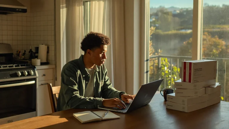 Entrepreneur at a kitchen table with laptop and packaged products - starting an online business in South Africa