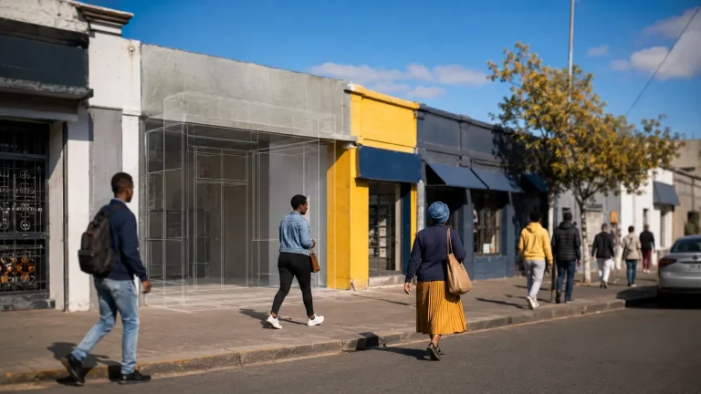A busy South African street where one shop is just a transparent glass outline, passers-by walk straight past the invisible business