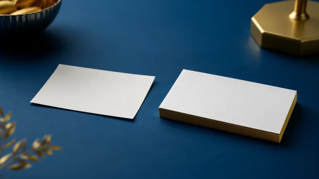 Two business cards side by side on a navy desk: one thin and plain, one thick with golden edges, same trade, different first impression