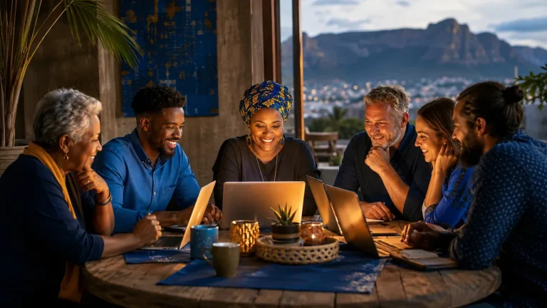 A diverse circle of South African business owners around a table of glowing laptops at dusk, Table Mountain in the distance