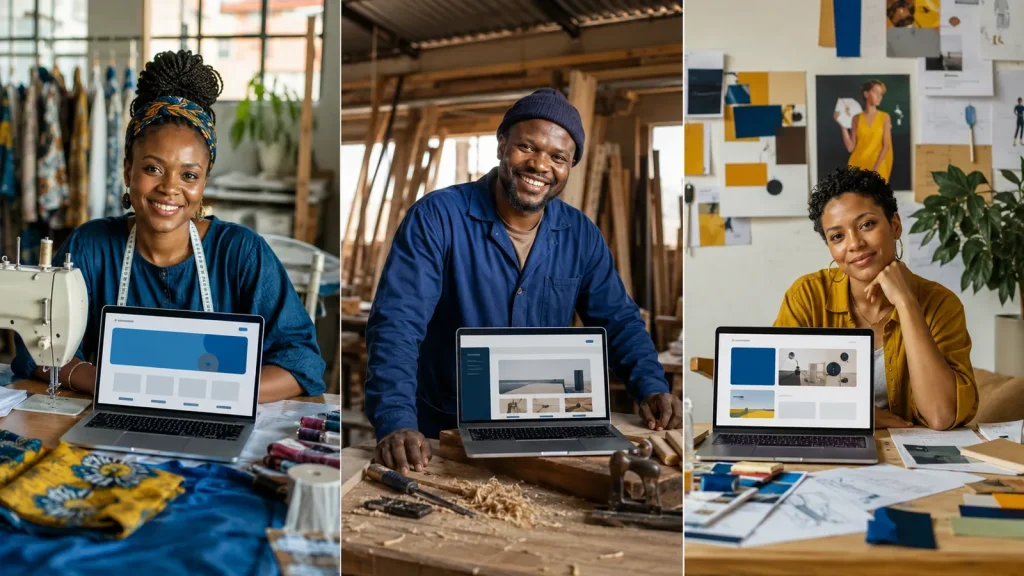 A South African tailor, furniture maker and graphic designer each in their workspace with a laptop showing their new website