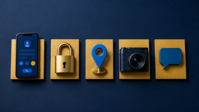 Flat-lay of five essentials on golden tiles: a phone with contact details, padlock, map pin, camera and speech bubble