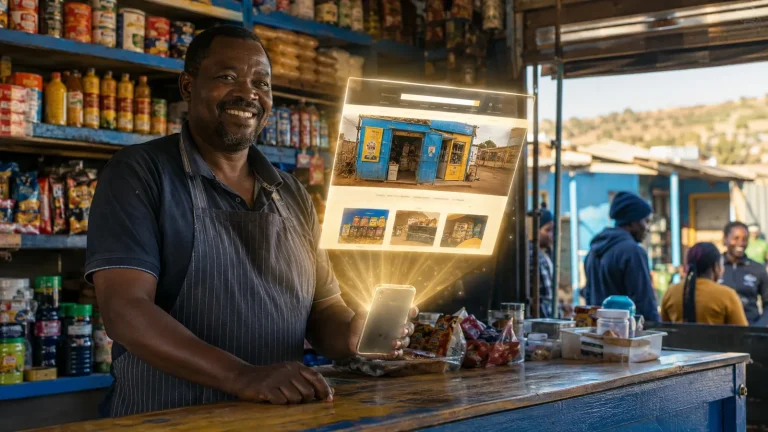 A township spaza shop owner at his counter holding a phone that beams his shop's glowing website into the air