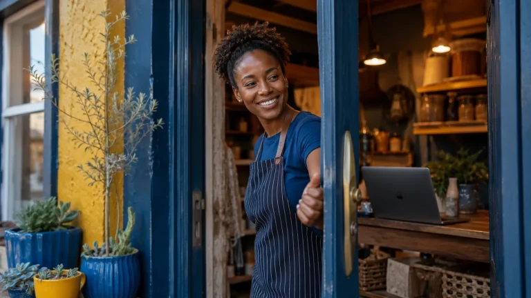 A smiling South African shop owner opening her blue shop door with warm light and a laptop on the counter inside, open for business
