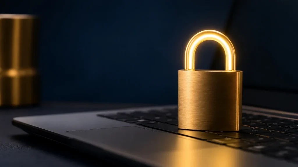 A brass padlock with a softly glowing golden shackle standing on a laptop keyboard against a navy background