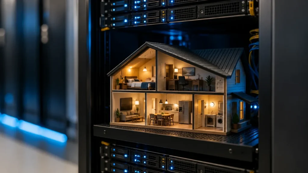 A warmly lit miniature house sitting inside a server rack, where a website actually lives