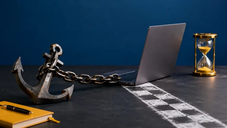 A laptop chained to a heavy anchor just short of a chalk finish line, with an hourglass running, a slow website weighed down