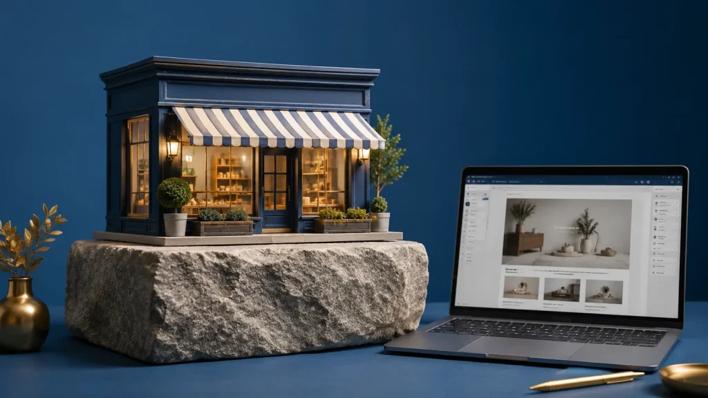 A miniature shopfront standing on a solid stone foundation block beside a laptop showing a page editor, WordPress as the foundation