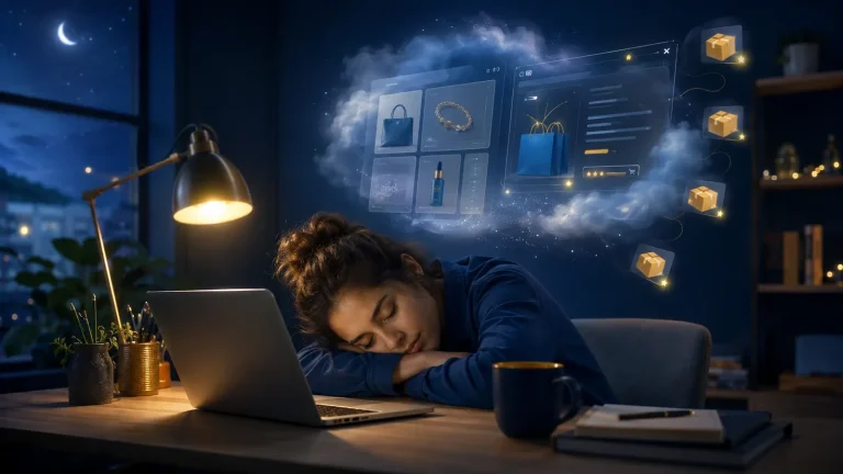 A business owner asleep at her desk at night while a dream cloud above shows her online shop taking orders