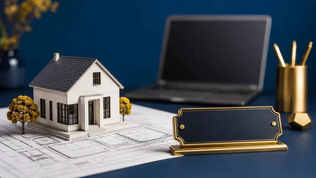 Model house on an architect plot plan beside a blank brass address plaque, the plot, the house and the address in one frame