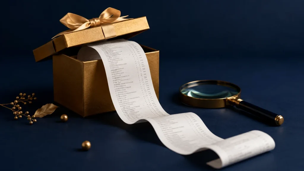 Golden gift box with a long till receipt spilling out beside a magnifying glass, the fine print inside a free domain offer