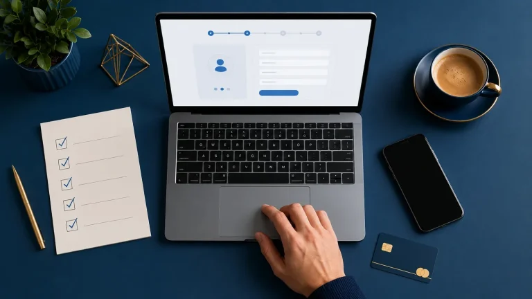 Overhead view of a simple online domain signup on a laptop with a ticked five-step checklist, bank card and coffee