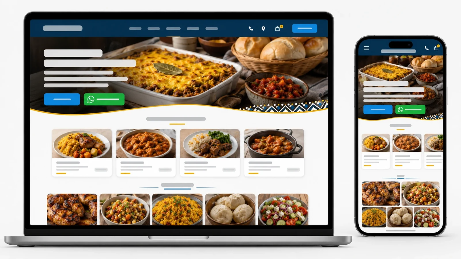 Website builder template for a South African catering business shown on laptop and phone, with menu cards and a WhatsApp order button