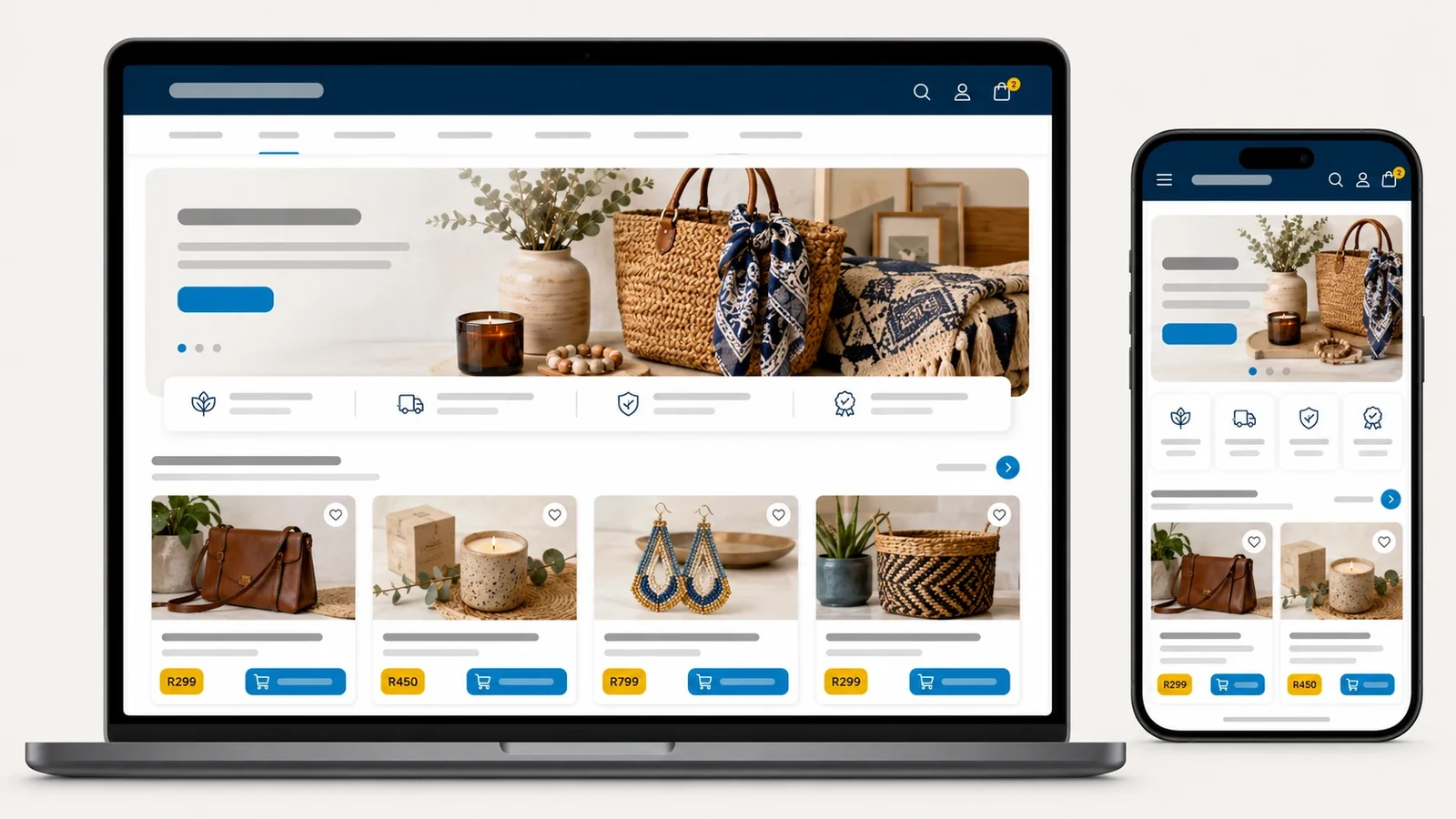 Website builder template for a South African boutique shop on laptop and phone, with a product grid priced in rands and add-to-cart buttons