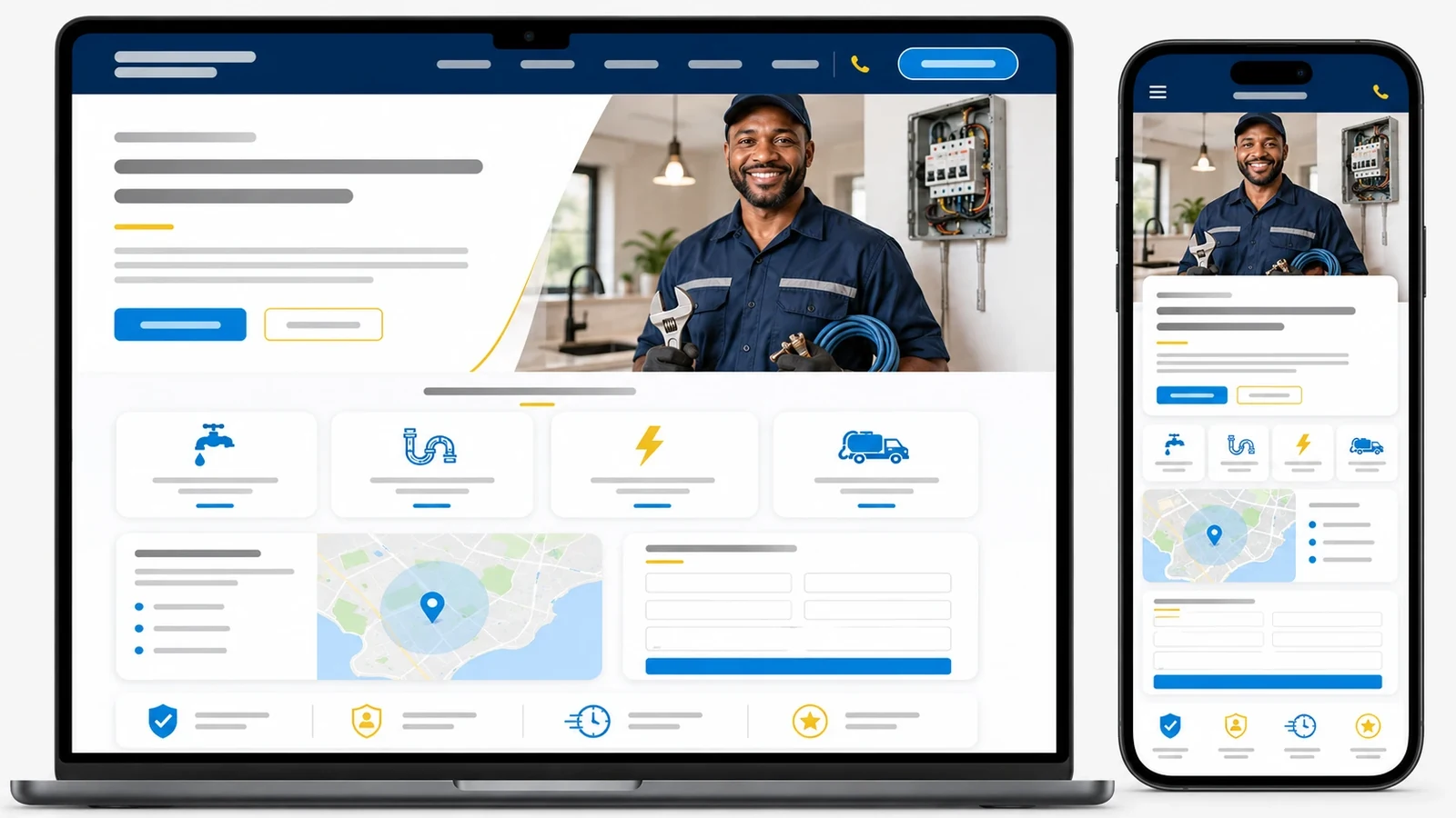 Website builder template for a South African plumbing and electrical business on laptop and phone, with service cards, a service-area map and quote form