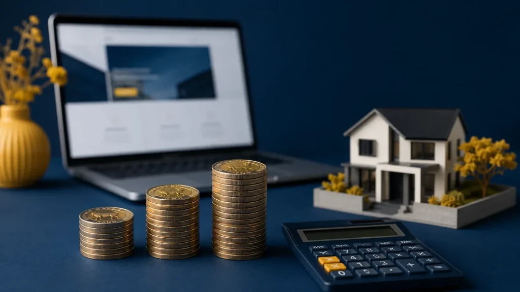 Stacks of rand coins of increasing height beside a calculator and a model house, comparing what a website costs in South Africa