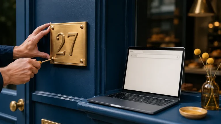 Brass street-number plaque being mounted beside a shop door while a laptop shows a browser address bar, a domain is your address online